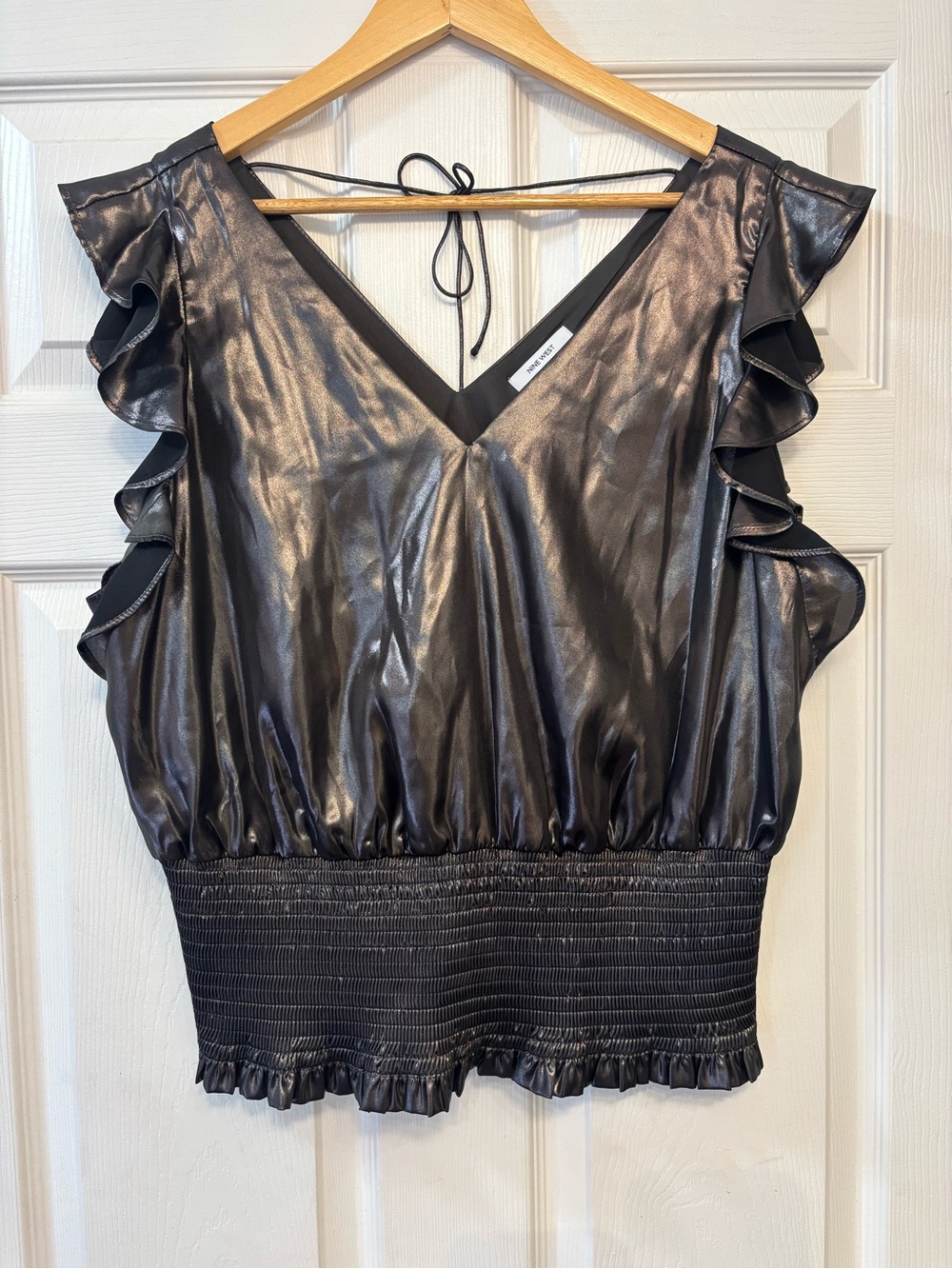Nine West Metallic Black/Silver V-Neck Ruffle Sleeve Shirt